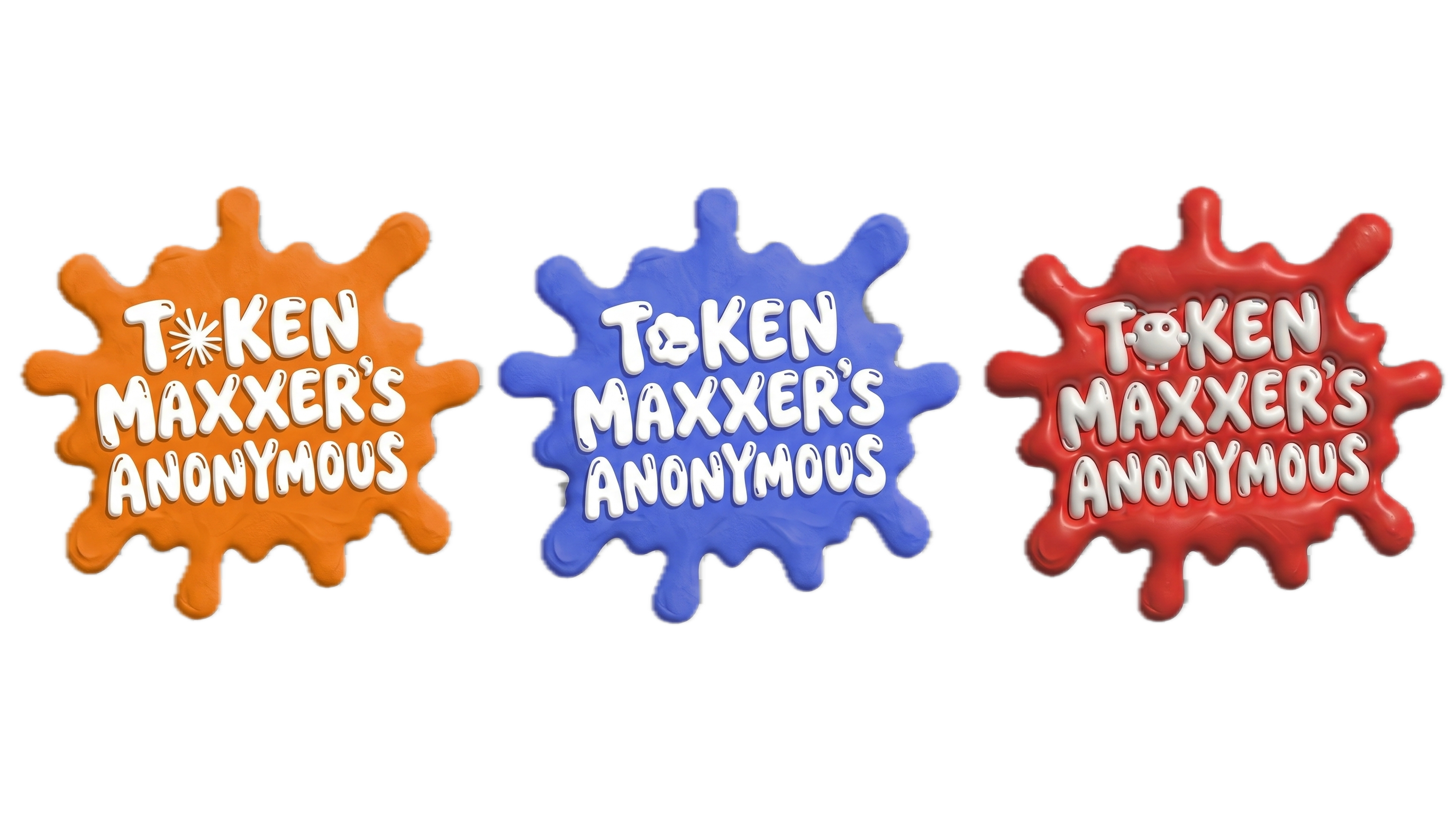 Three colorful logos with 'Token Maxxer's Anonymous' text on a white background